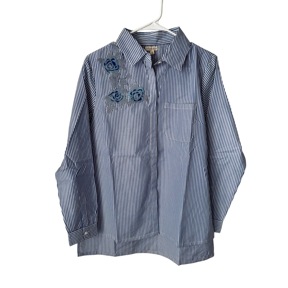 Antilia Femme Blue White Striped Floral Embroidered Button Down Shirt Womens L